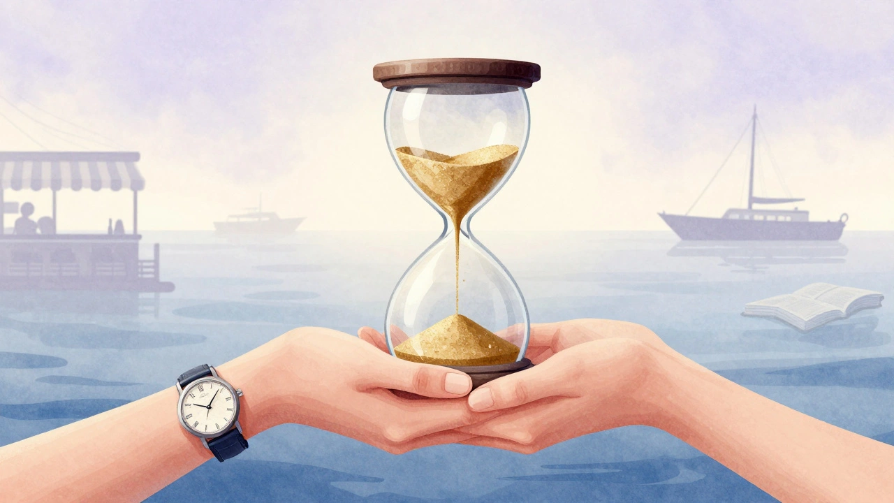 Altın kumla dolu bir saat kumluğunu tutan iki el, deniz rüzgarı ve sakinlik sembolleriyle.