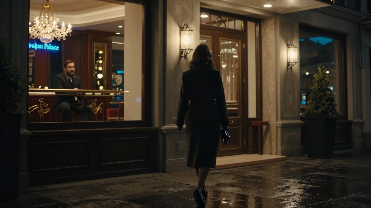 Beşiktaş'ta bir luxury otelde escort hizmeti için gelen bir kadın, gece ışıkları arasında.