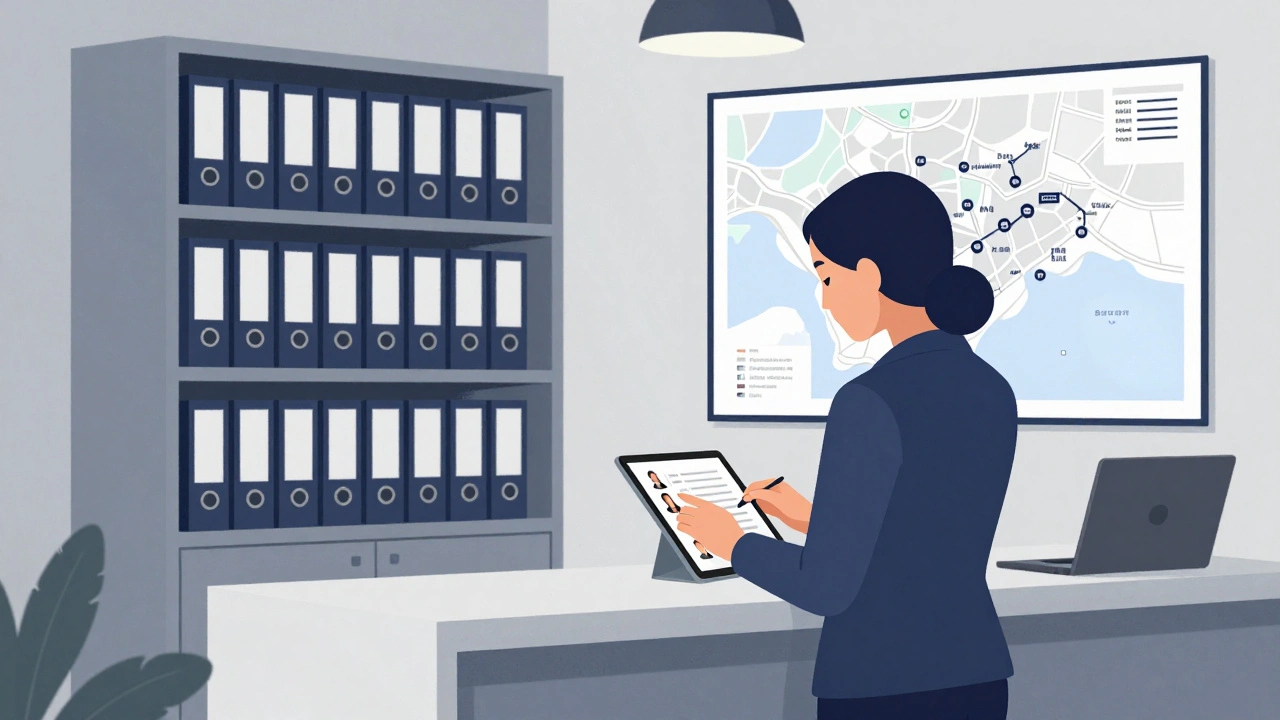 Beşiktaş'ta modern bir escort ajansının iç mekânı, profesyonel bir ortamda müşteri profilleri inceleniyor.