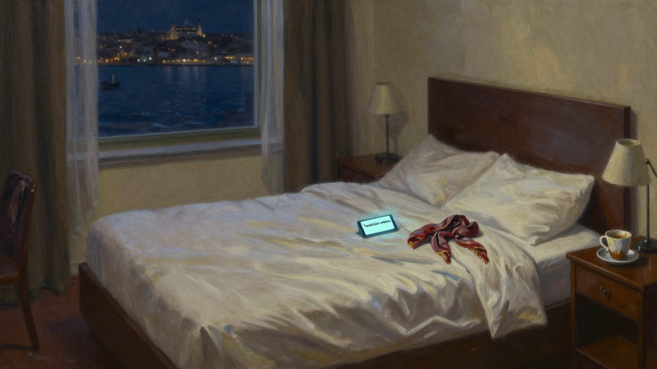 Bir İstanbul otel odasında boş yatak, kahve fincanı ve bir eşya.