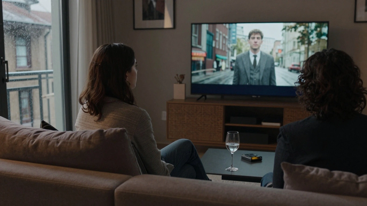 Bir kadın ve bir erkek, yağmurun düştüğü bir pencerenin yanında sessizce film izliyor.