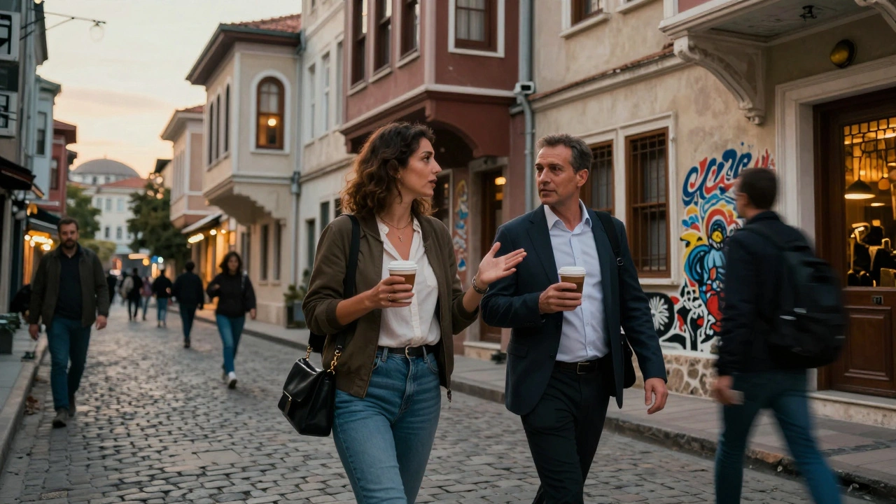 Bir yabancı turist ve bir escort, Beyoğlu'nun tarihi sokaklarında kahveyle yürüyor.