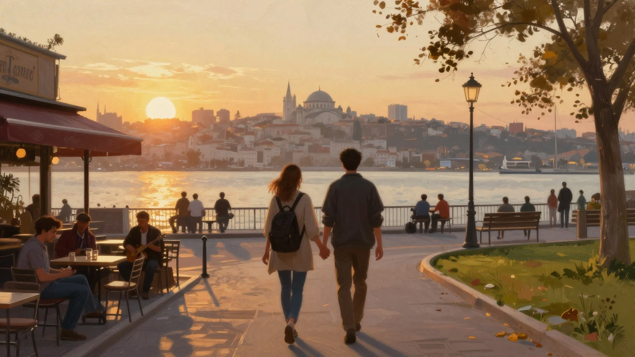 Bosphorus kıyısında bir seyahatçi ve eşlikçi, gizli kafeler ve sessiz parklar geçerken akşamüstü ışıklarında yürüyor.