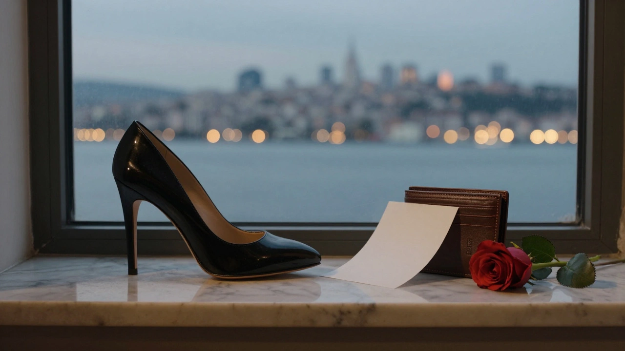Bosphorus manzaralı pencerede bir ayakkabı ve cüzdan, gizli bir bağın sembolü.