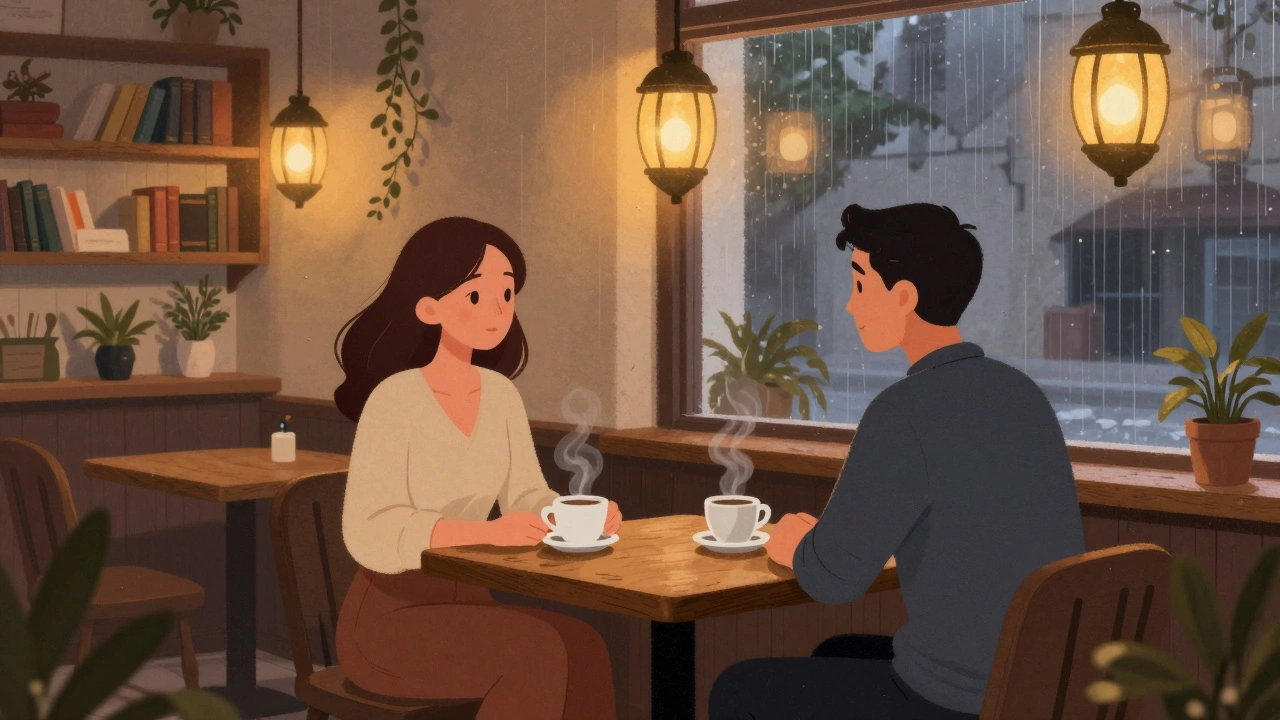 Çatalca'da koyu renkli bir kafede sohbet eden iki kişi, sıcak ışık ve kahve fincanları ile.