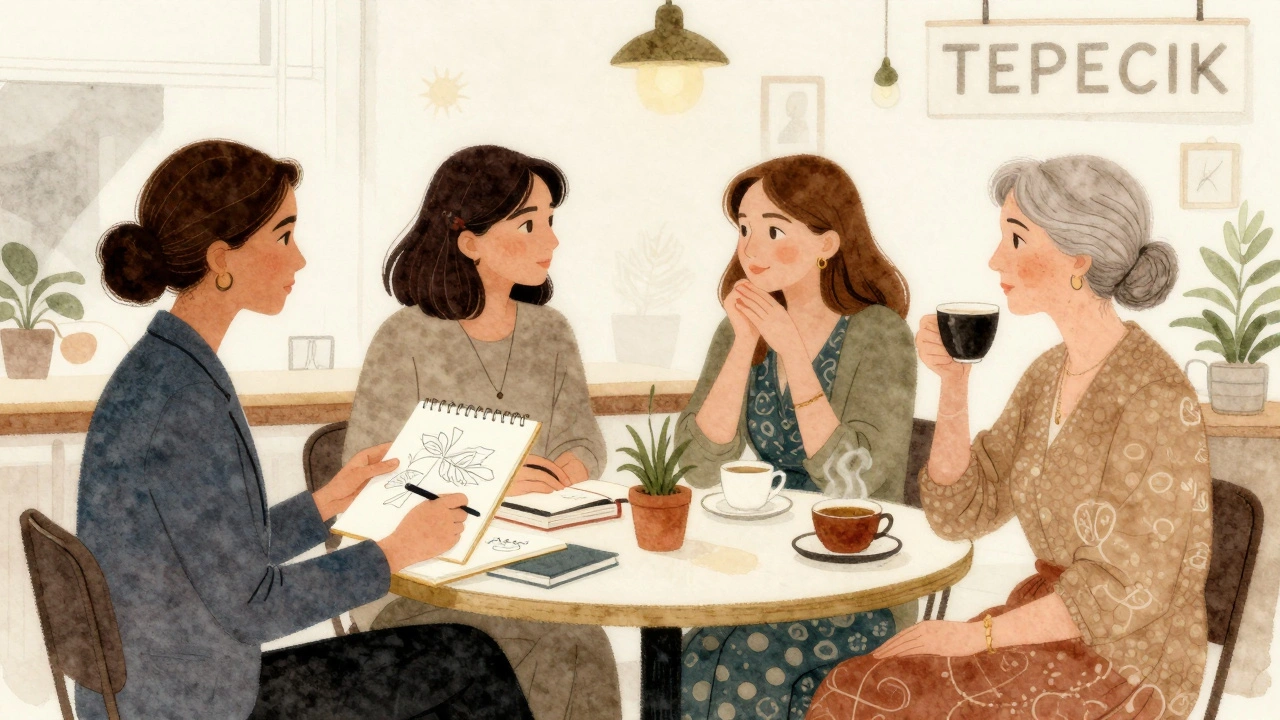 Dört farklı profille kadınlar, bir kafede kitap, kahve ve sanatla çevrili sessiz bir sohbet içinde.