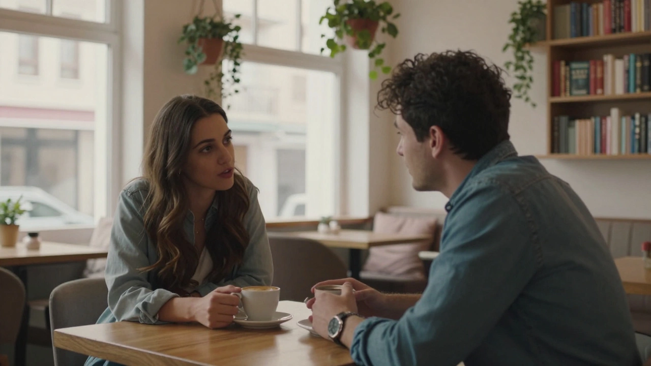 Esenyurt'ta bir kafede, bir kadın dikkatle dinliyor, bir erkek konuşuyor.