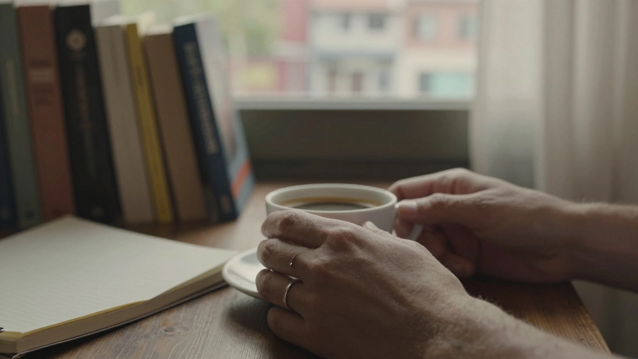 İki el bir kahve kupasının üzerinde hafifçe buluşuyor, arka planda kitaplar görünüyor.