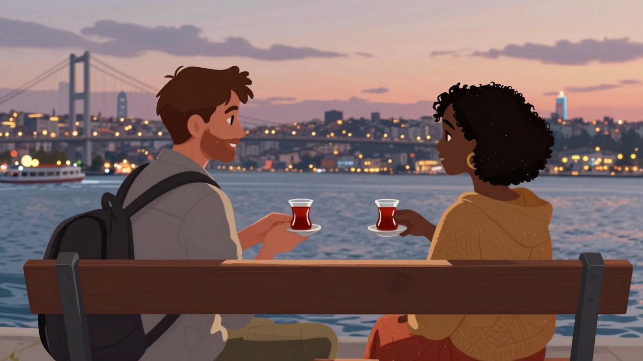 İki kişi, Haliç'in kıyısında çay içerek sakin bir akşam sohbeti yaşıyor.