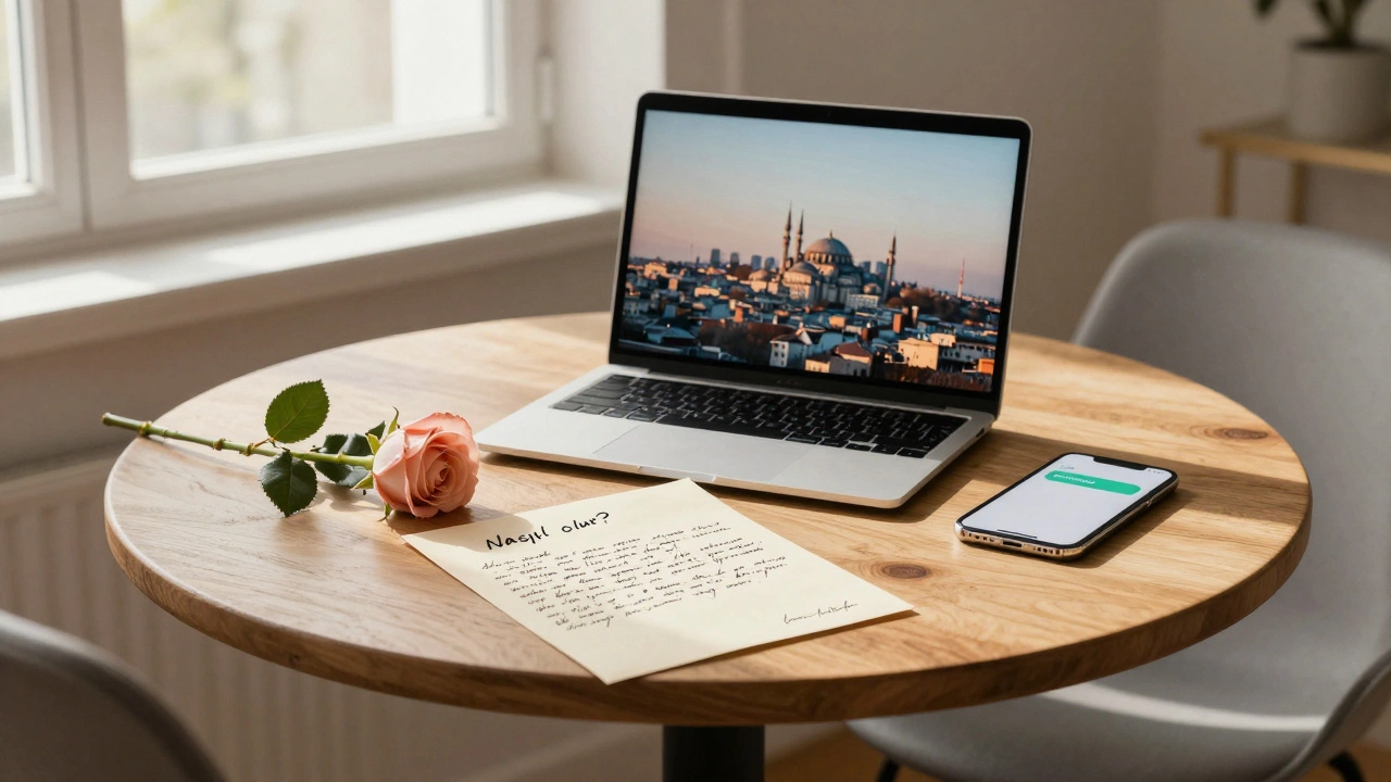 İstanbul'da bir eşlik hizmeti için başlangıç mesajını bekleyen bir masa, el yazısı mektup, gül ve açık laptopla temsil edilen duygusal bağlantı.