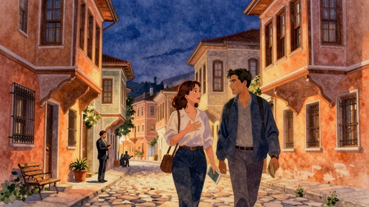 İstanbul'un Balat semtinde, bir kadın ve bir erkek gece boyu sokaklarda yürüyor, renkli evler arka planda.