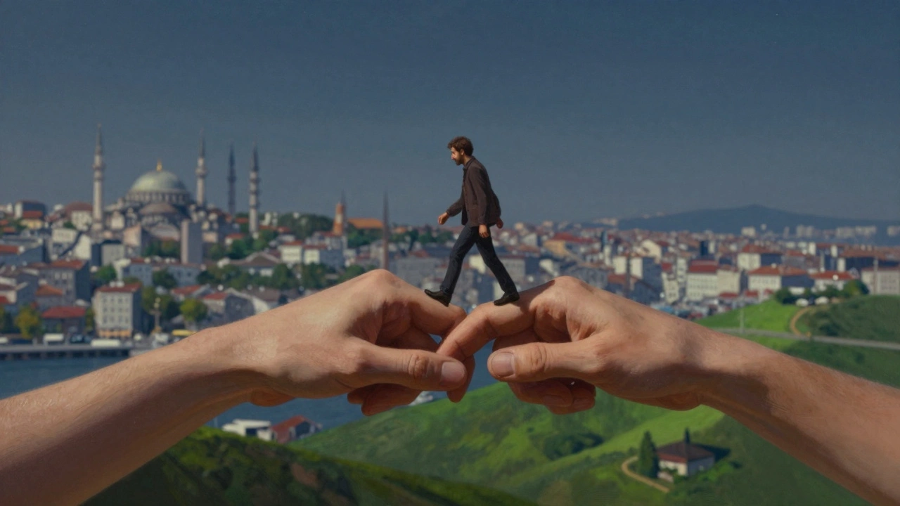 İstanbul'un kalabalık manzarası ile Çatalca'nın sakin doğası arasında bir köprü, bir kişi geçiyor.