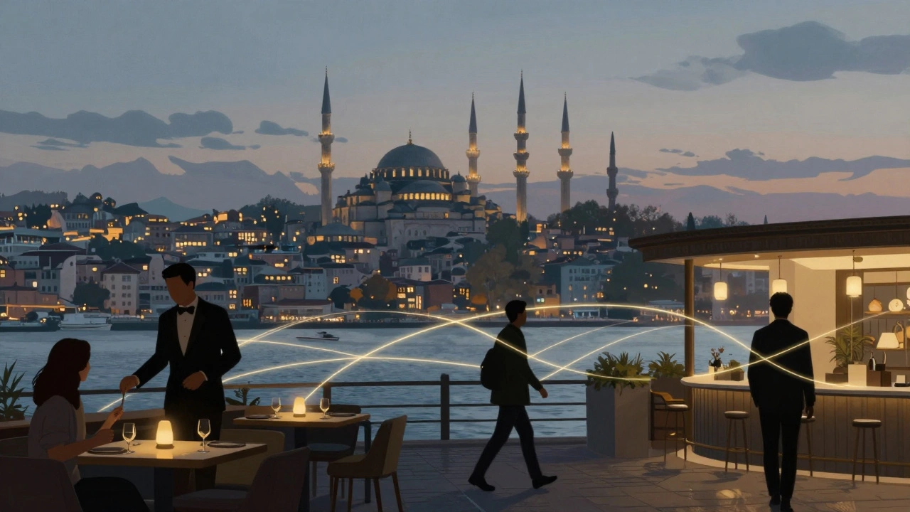 İstanbul manzarasında duygusal bağları temsil eden ışık telleriyle birleşen siluetler.