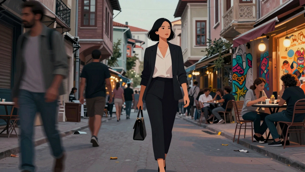 Kadıköy sokaklarında gecenin başlangıcında şık giyimli bir kadın yürüyor.