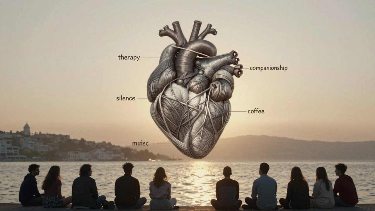 Kalp şekilli iplikler, terapi, sessizlik ve kahve gibi duygusal bağları temsil ediyor.