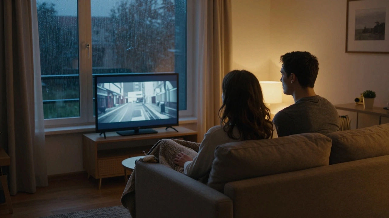 Kartal'da bir apartmanda iki kişi, yağmurun düştüğü pencere yanına oturmuş, sessiz bir film izliyor.