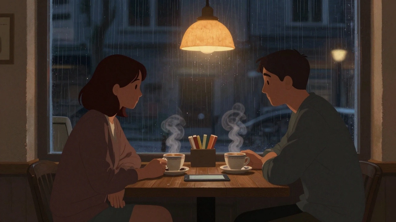 Kartal'da sakin bir kafede sohbet eden iki kişi, sıcak ışıkta.