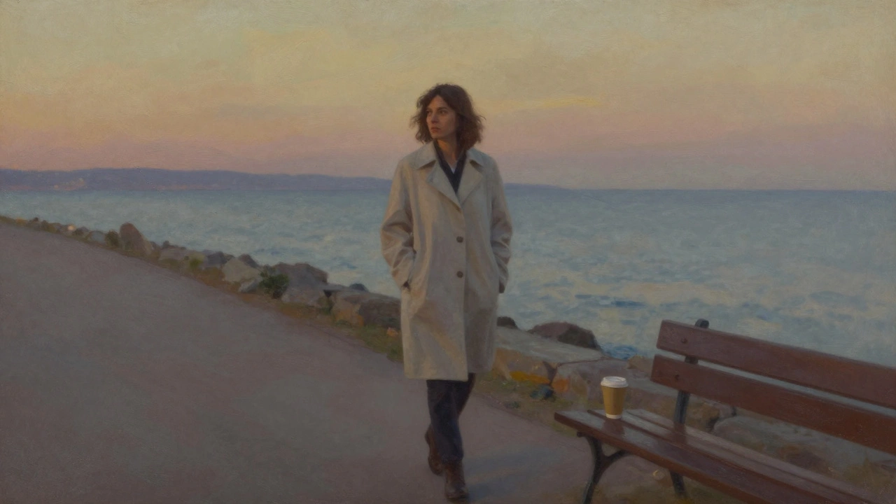 Kartal sahilinde akşam yürüyüşü yapan bir kadın, yalnızlık ve umutla dolu bir an.
