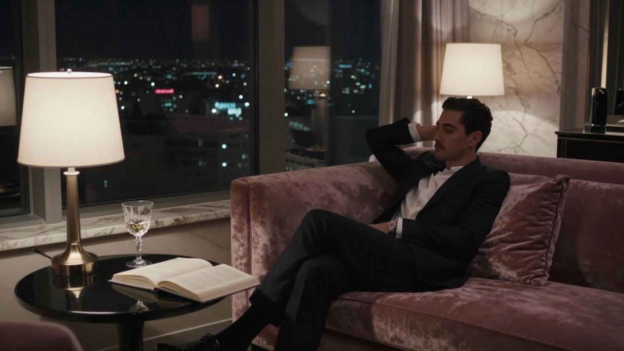 Lüks bir otel odasında, ışıklarla aydınlatılmış bir sofa üzerinde rahatlayan bir kişi.