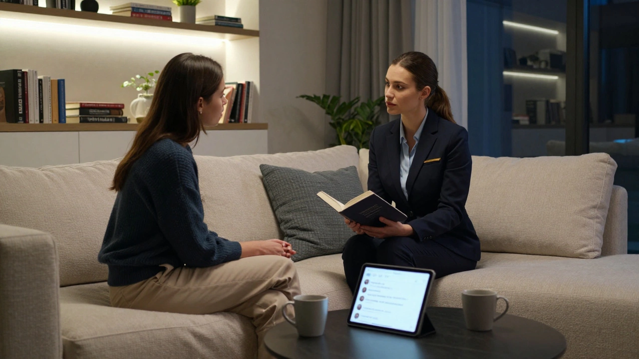 Modern bir apartmanda kadın ve müşteri kitap okurken sohbet ediyor.