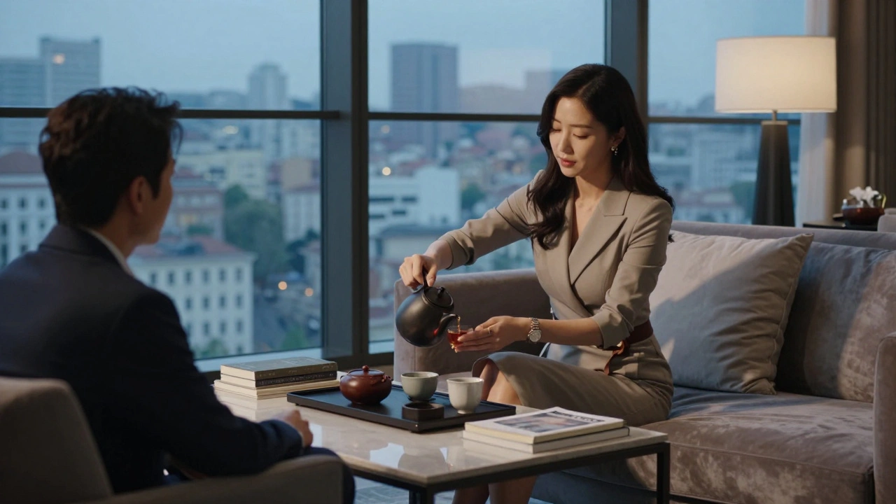 Nişantaşı'da modern bir oturma odasında çay döken Koreli bir eşlikçi ve misafiri.