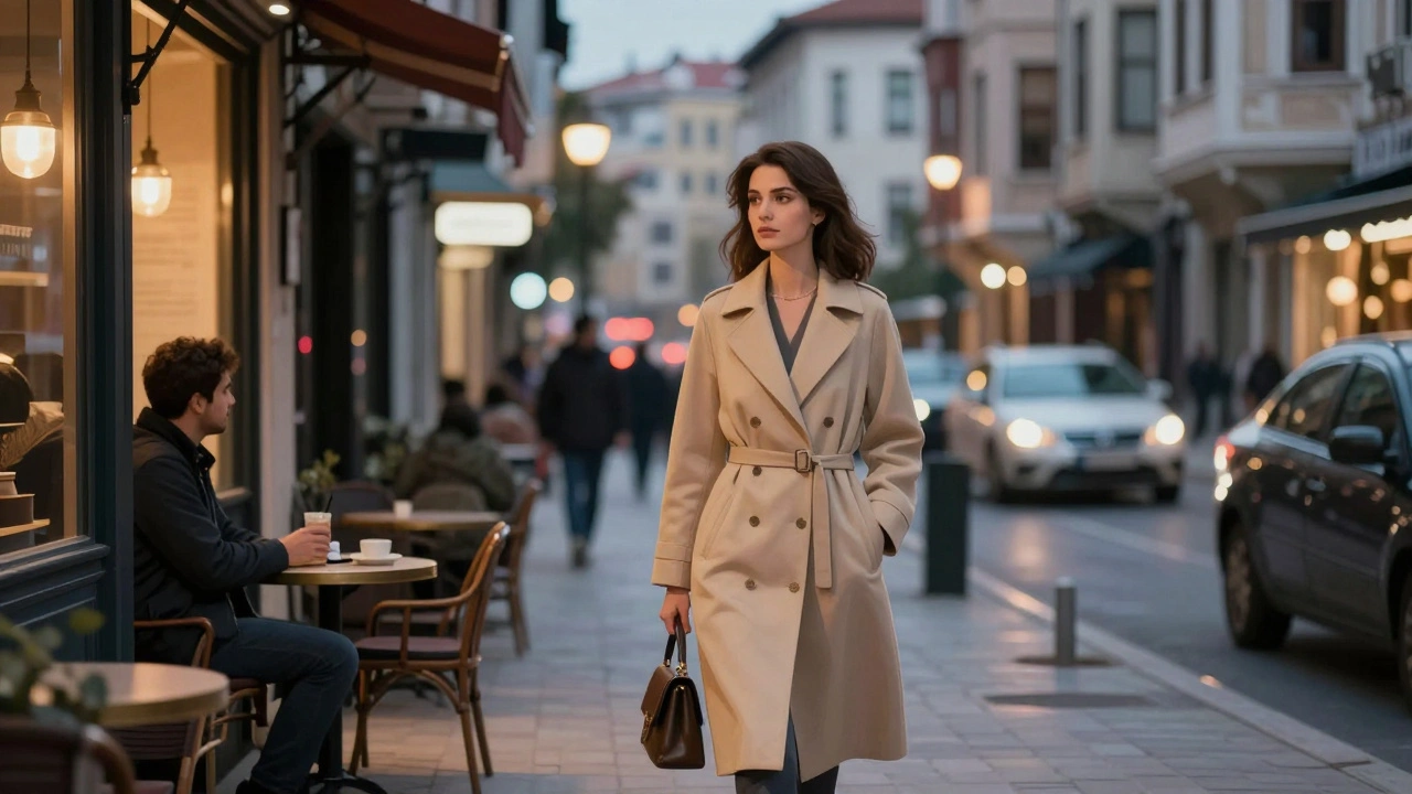 Nişantaşı sokaklarında sakin bir kadın, bir kafe penceresine bakıyor.