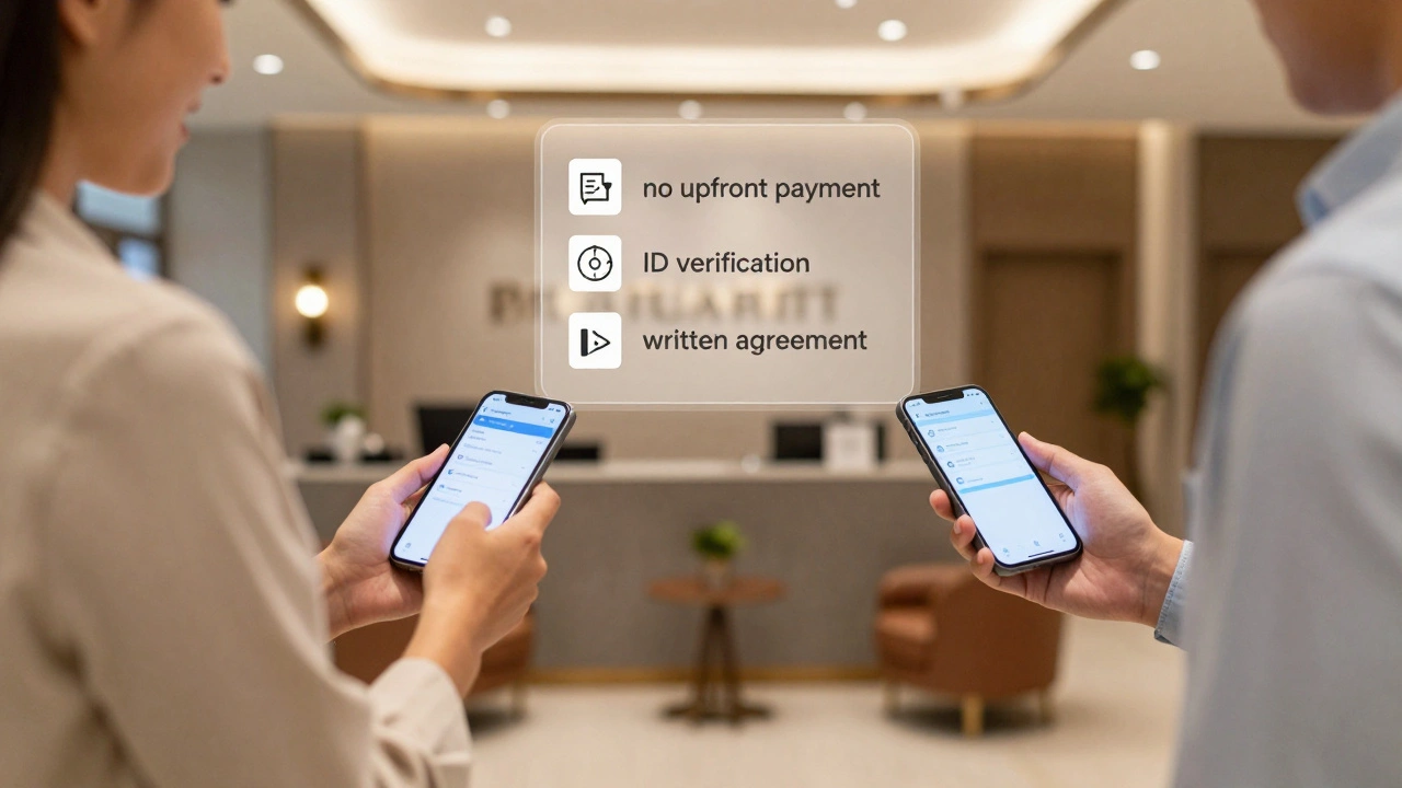 Otel lobisinde güvenli bir randevu için el sıkışan iki kişi, dijital güvenlik sembolleriyle.