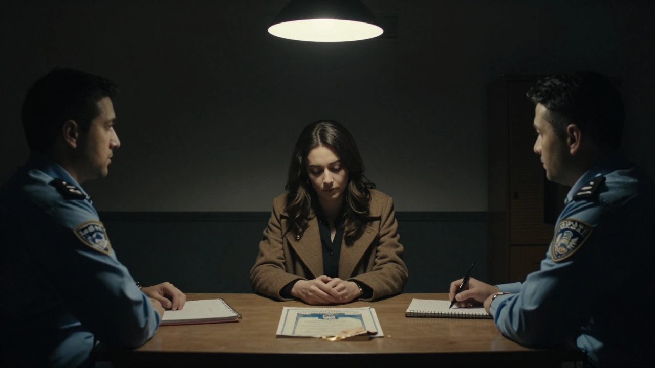 Polis karakolunda bir kadın, görevlilerle karşı karşıya, masada üniversite diploması fotoğrafı var.