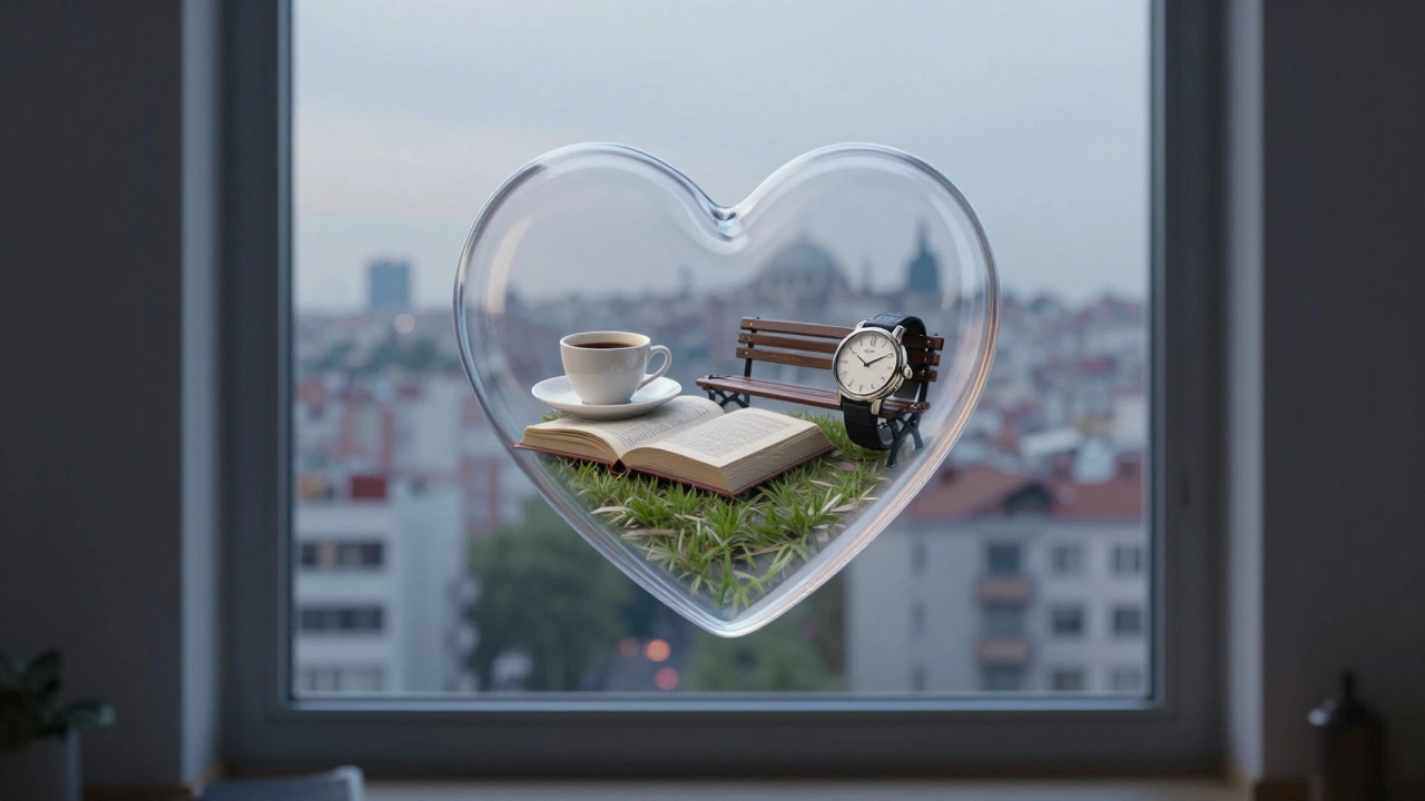 Sancaktepe'de bir pencereden görünen şeffaf kalp, sohbet, kahve ve sakinlik sembolleriyle dolu.