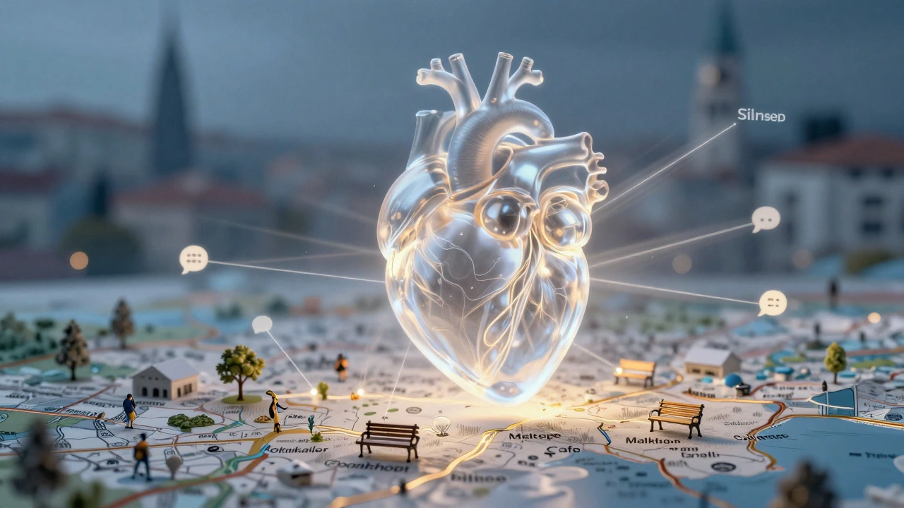 Şeffaf bir kalp, Maltepe haritasının üzerinde, duygusal bağları temsil eden ışık ışınlarıyla çevrili.