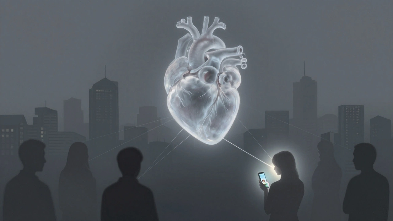 Umraniye manzarasının üzerinde, duygusal bağları sembolize eden şeffaf bir kalp ve ışıklı ipler görünüyor.