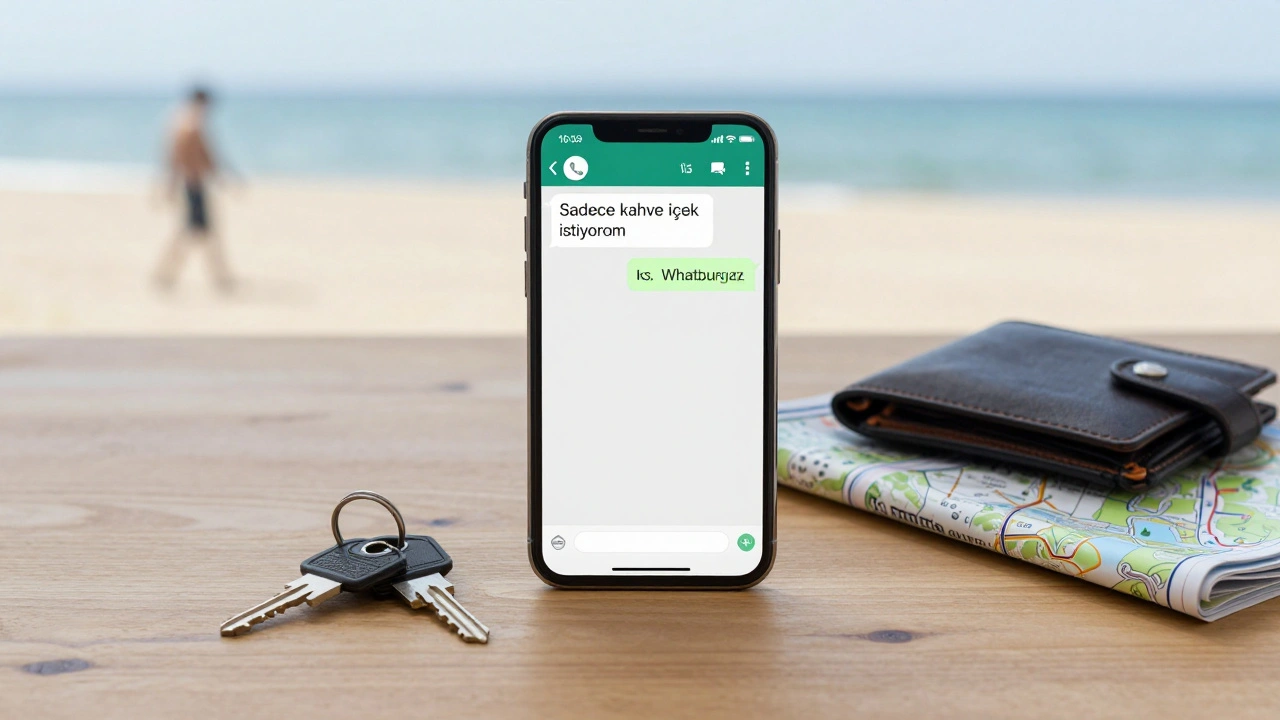 WhatsApp mesajı ve Kumburgaz haritası ile birlikte masada duran anahtar ve cüzdan.