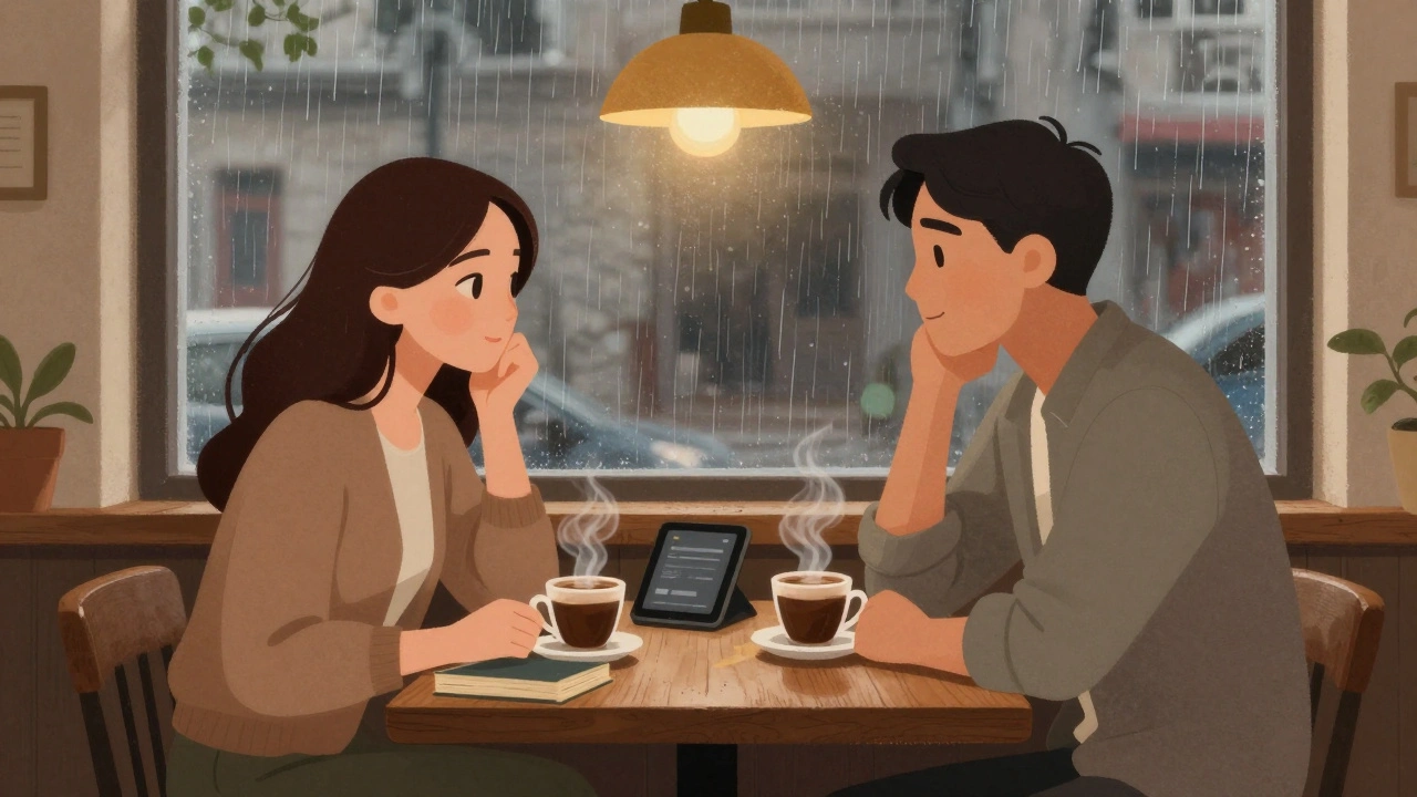 Yakuplu'da bir kafe'de kahve içen iki kişi, sıcak ışıkta sohbet ediyor.