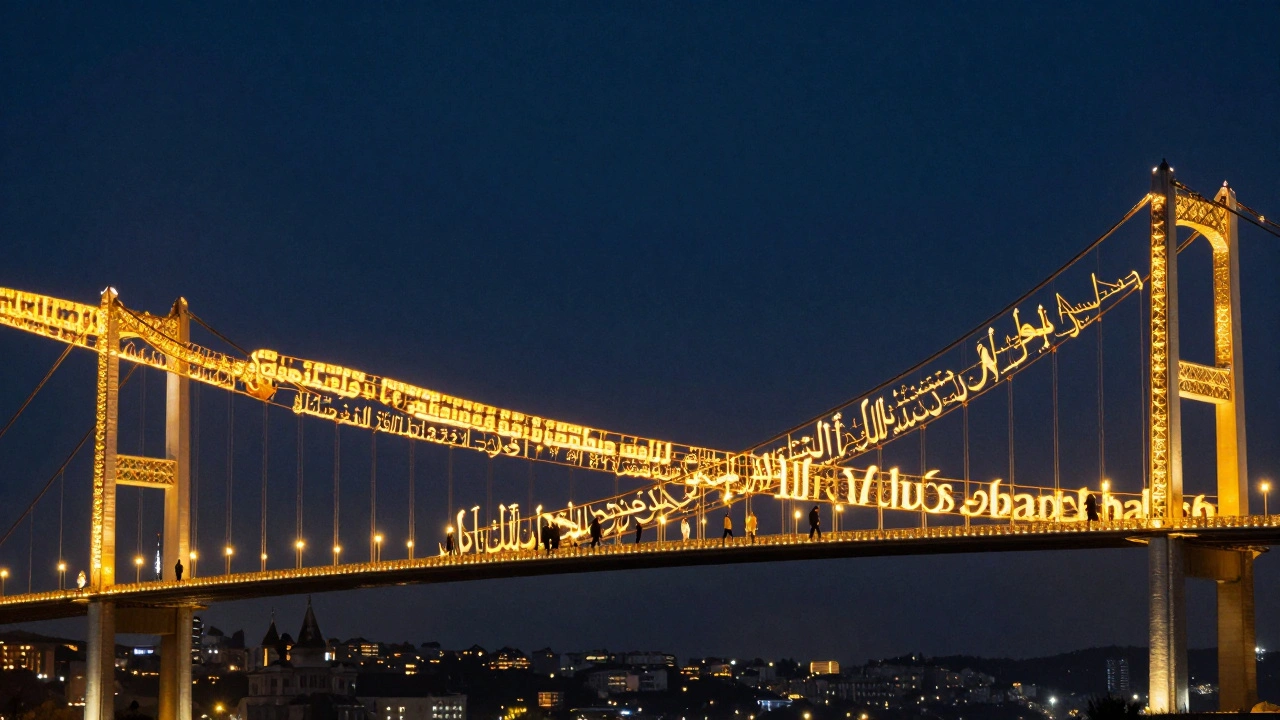 Arabic, Türkçe ve İngilizce dilleriyle oluşturulan altın köprü, Bosphorus'un üzerinde gece ışıklarında.