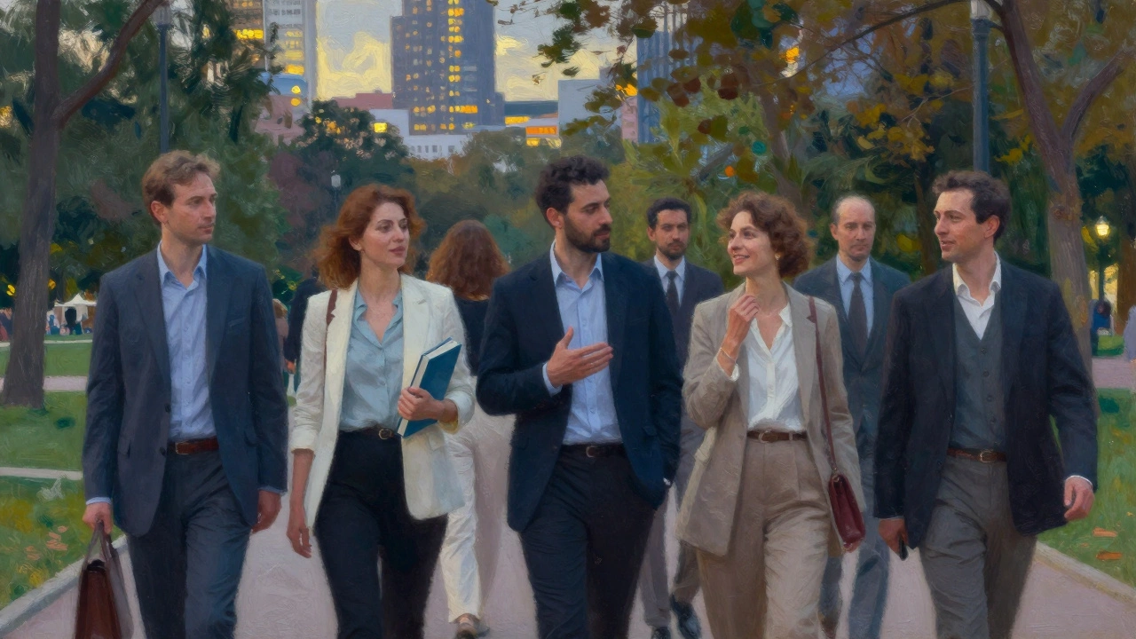 Atasehir parkında üç farklı cinsiyetten insan, akşam vakti hafif bir sohbet içinde.