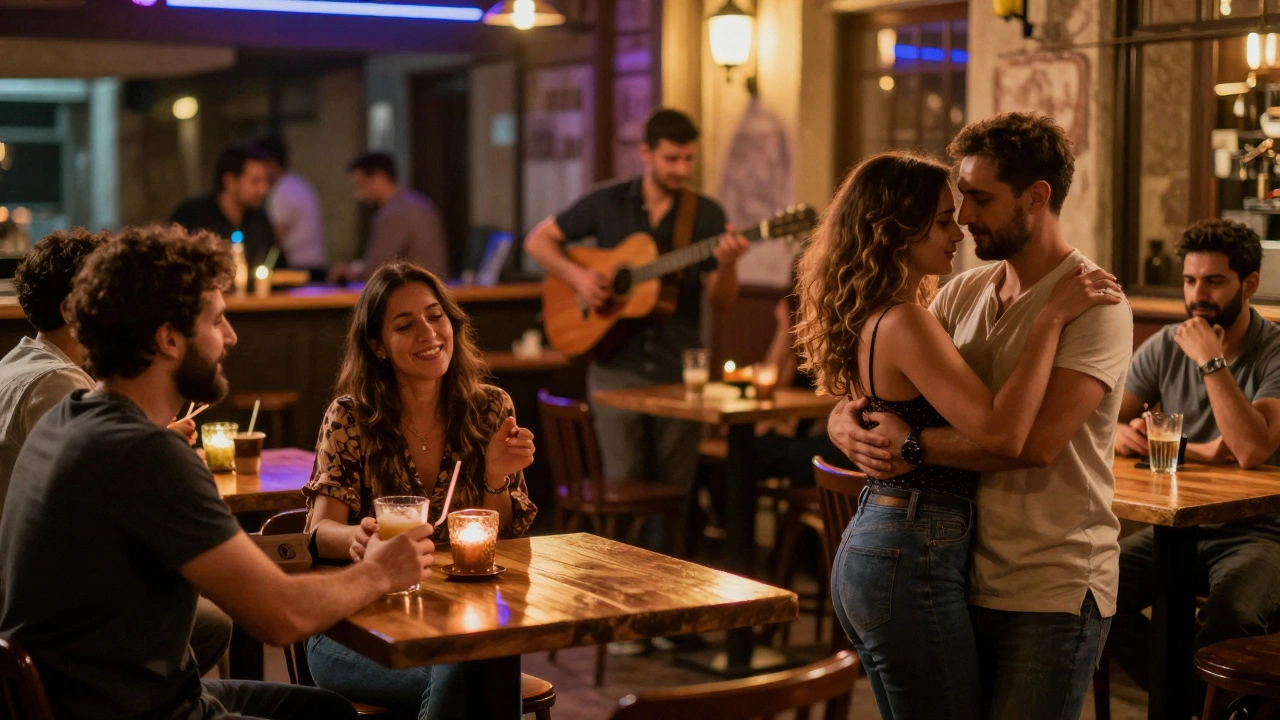 Bir bar'da insanlar hafif dans ediyor ve arkadaşça sohbet ediyor.