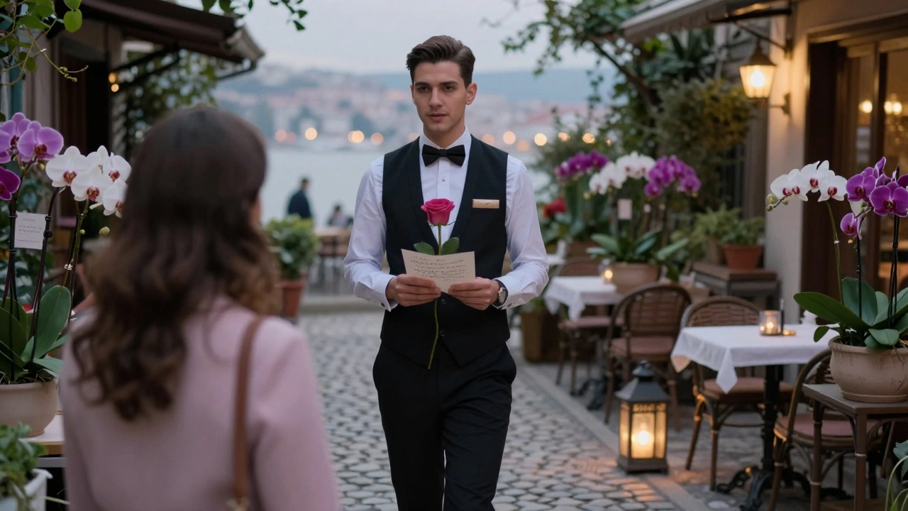 Bir escort, gizli bir kafe yolunda bir çiçek ve el yazısı notla müşteriyi yönlendiriyor.