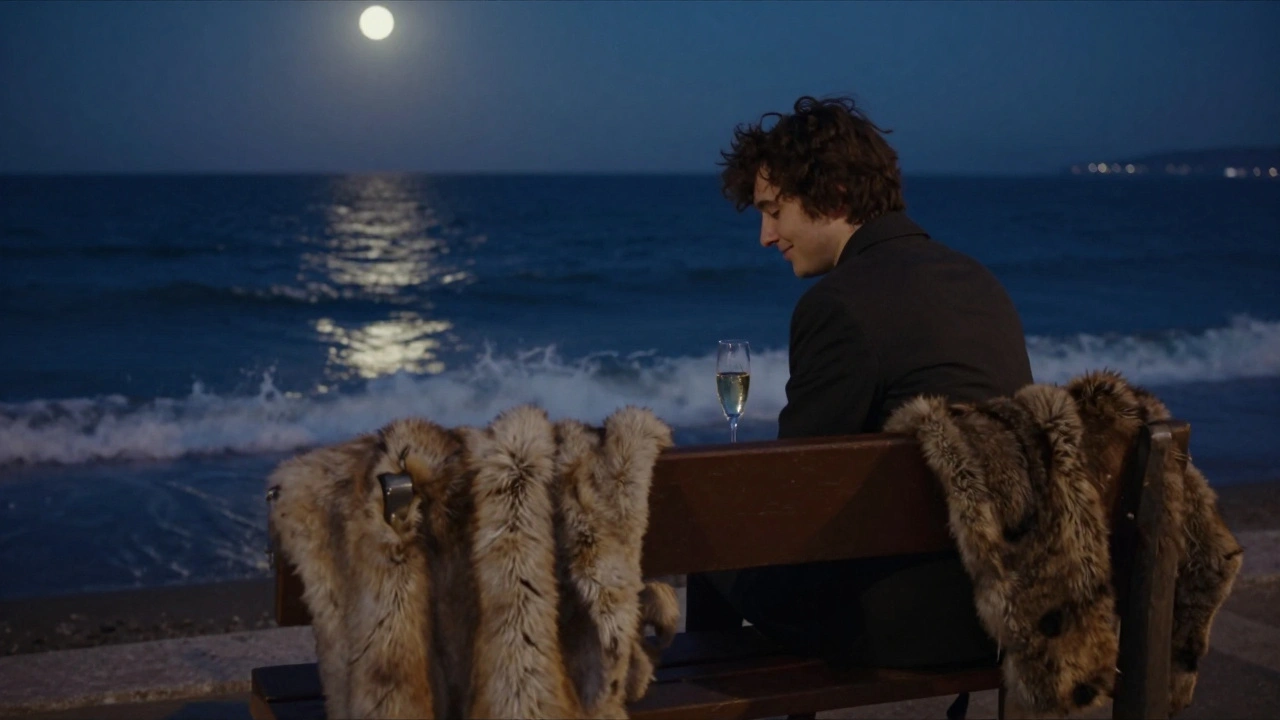 Bir kişi, sahilde bir eşlik edenle sakin bir an geçiriyor, ay ışığı ve dalgalarla çevrili.