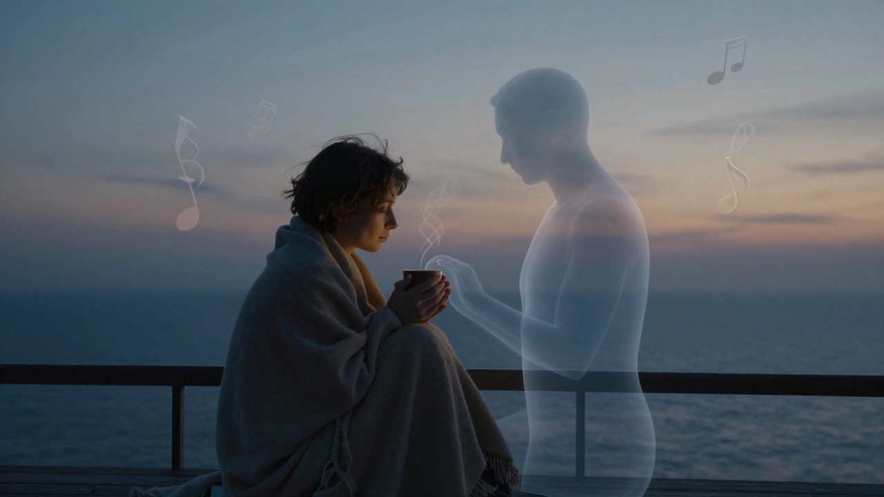 Bir kişiye duygusal destek veren şeffaf bir figür, akşamüstü baloncuğunda.