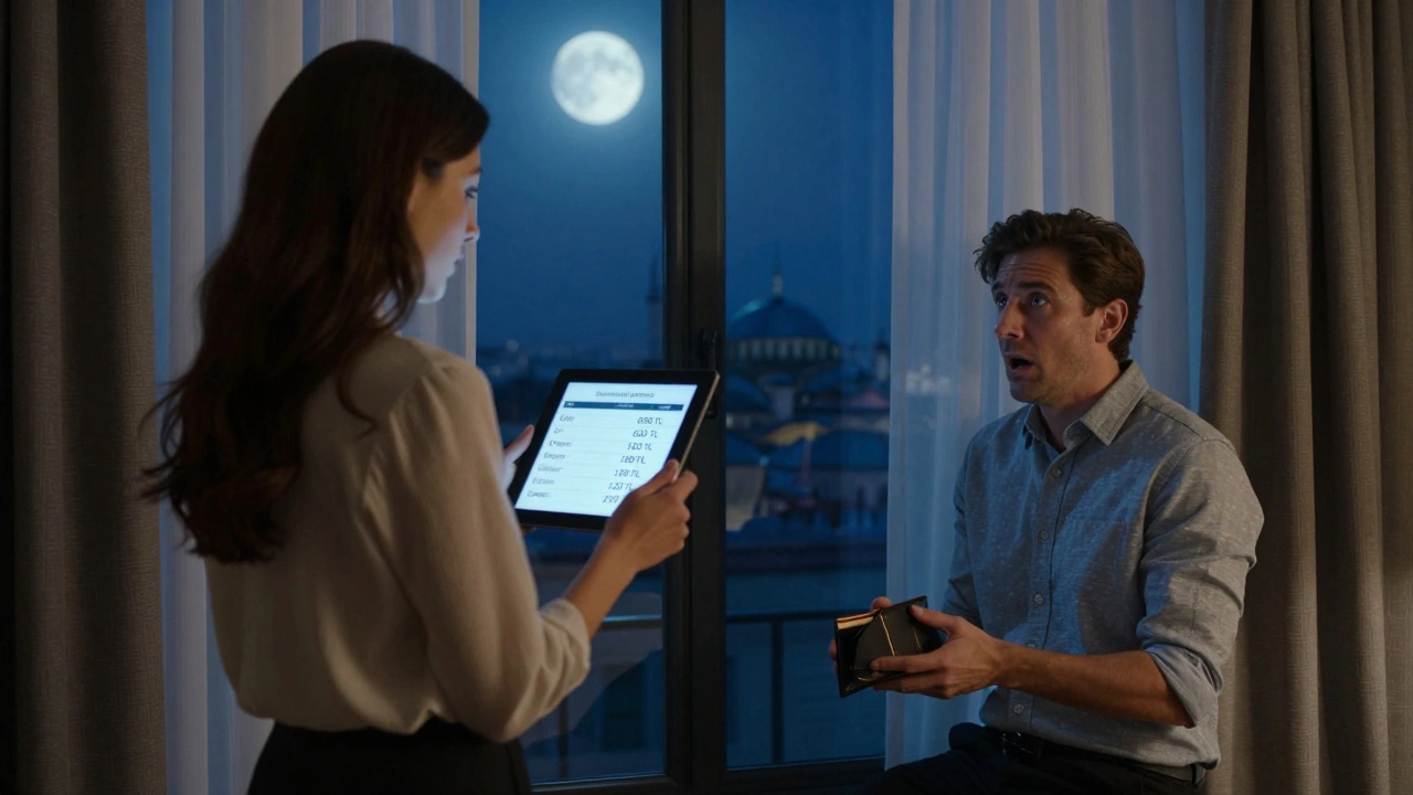 Bir otel odasında bir kadın faturayı gösterirken erkek şaşkın bir şekilde cüzdanını tutuyor.