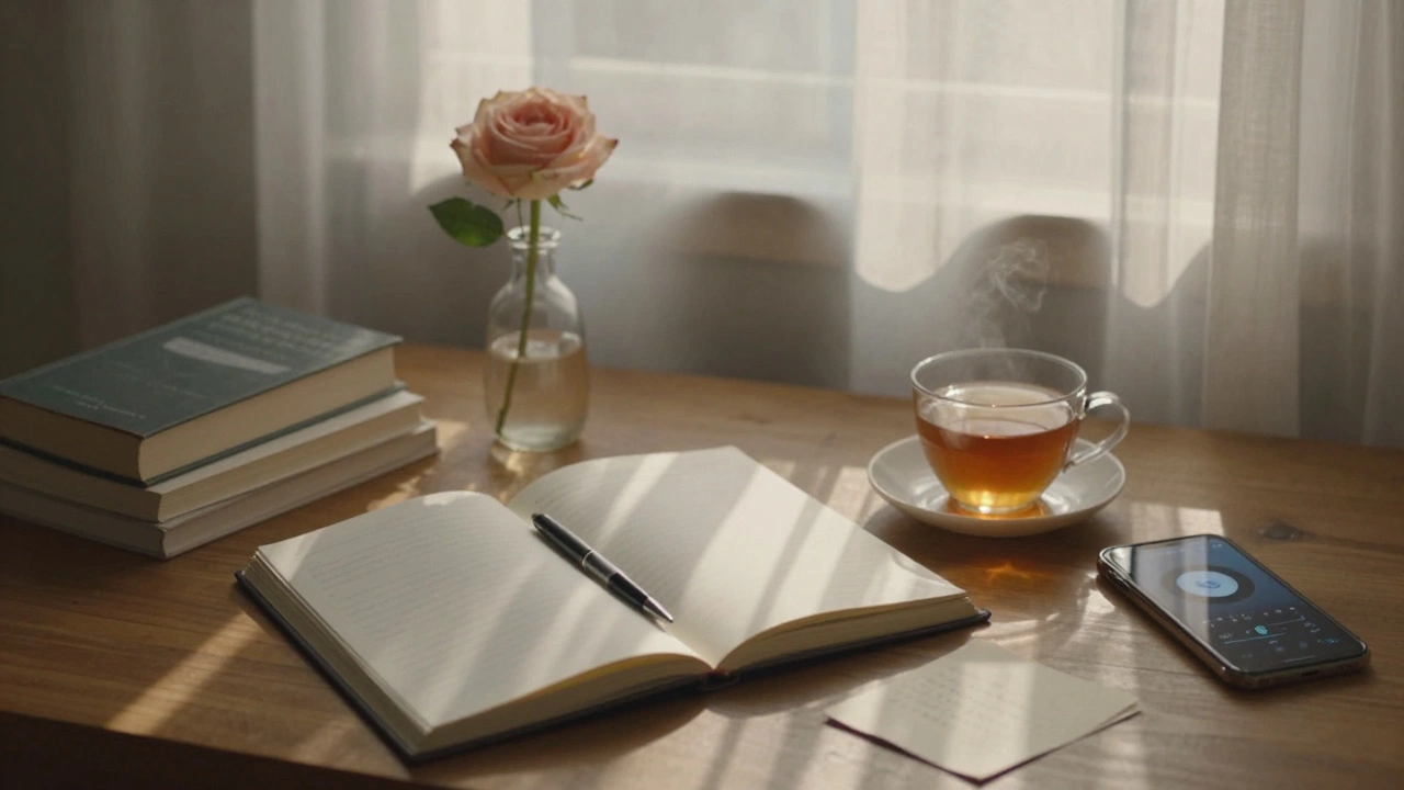 Bir salonun masasında açık bir defter, çay kupası ve bir gül, sabah ışığı perde arası süzülüyor, hiçbir insan görünmüyor.