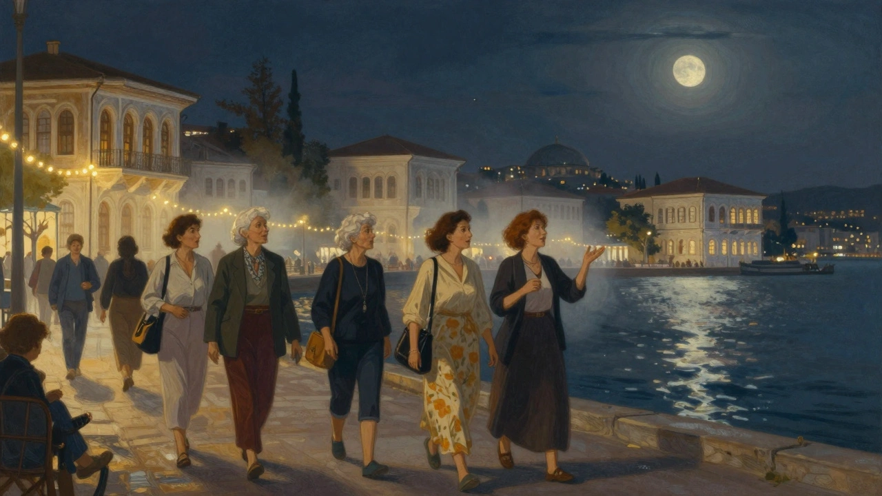 Bosporus kıyısında gece yürüyüşü yapan Avrupalı bir eşlikçi ve müşterileri, ışıklı sokaklar arka planda.