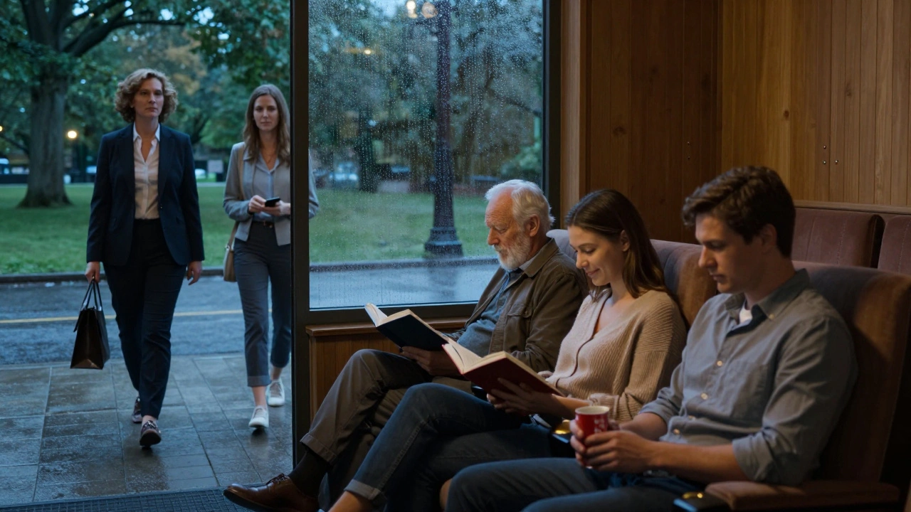 Farklı kişiler, parkta yürüyor, kitap okuyor ve sinemada film izliyor.