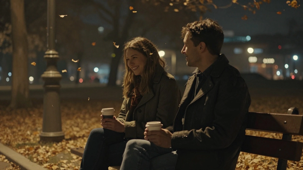 Gebze'de bir parkta, iki kişi bir bankta sakin bir sohbet ediyor, gece ışığı altında sıcak bir an.