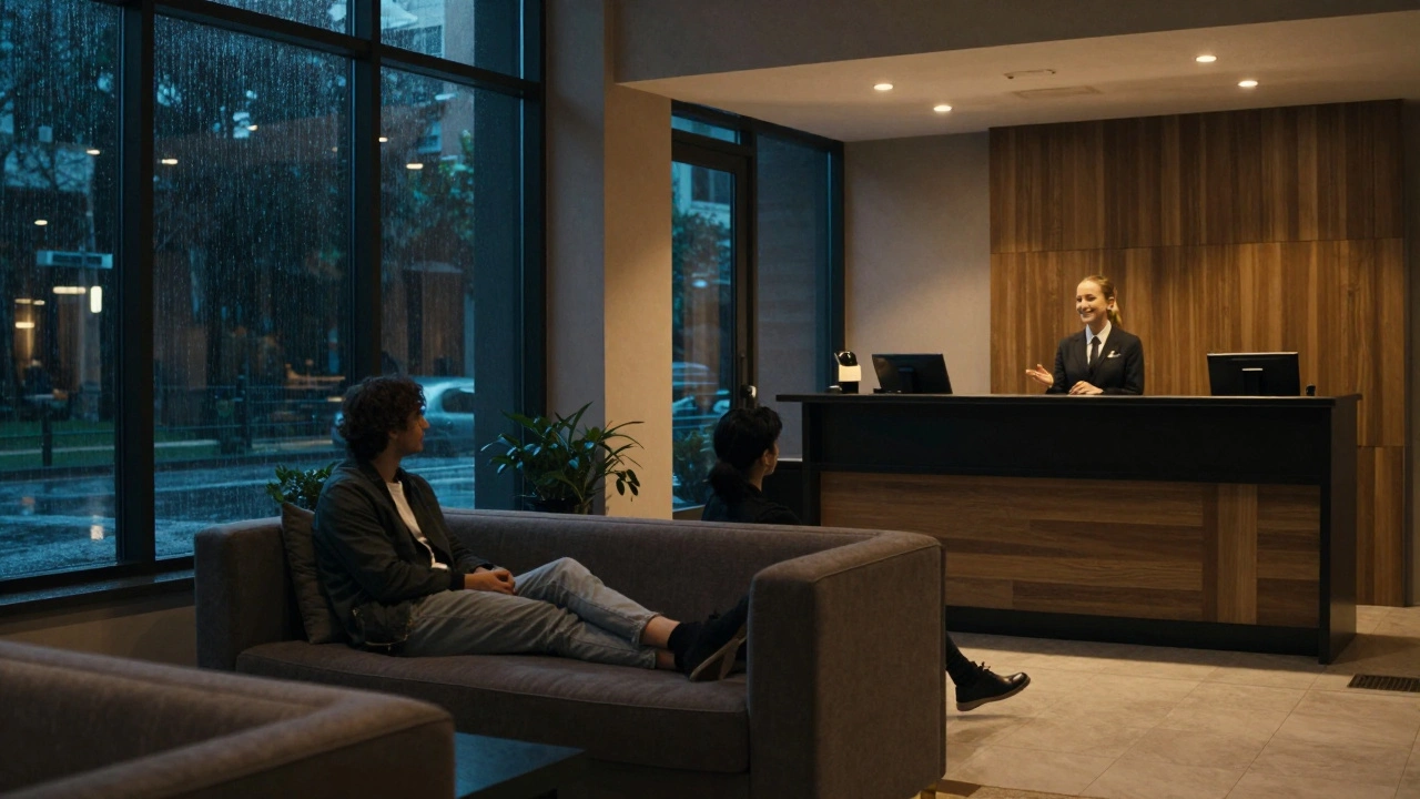 Gebze'de küçük bir otel lobisinde, bir kişi sessizce bekliyor, güvenli ve huzurlu bir atmosfer.