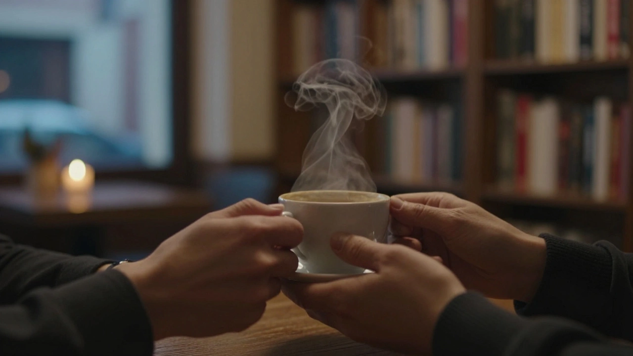 İki el, Basakşehir'de bir kafede paylaşılan bir kahve fincanını tutuyor, buhar aralarında yükseliyor.