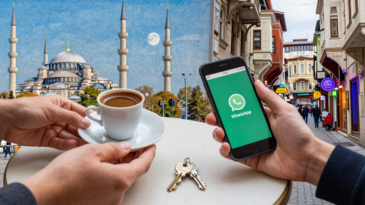 İstanbul'da arap escort hizmetinin sembolik unsurları: kahve, mesaj, anahtar ve şehir manzaraları.