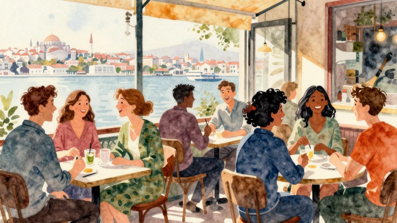 İstanbul'da farklı etnik kökenli kişiler kafede sohbet ediyor