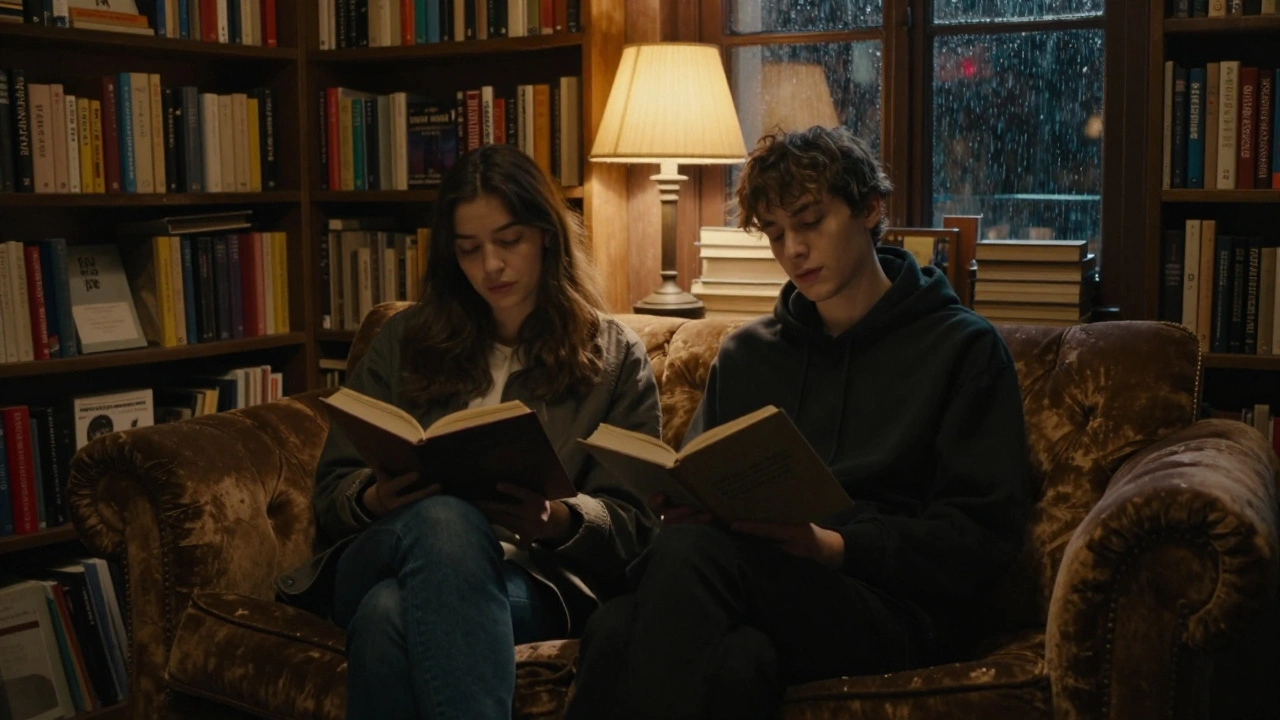 Kartal'da bir kitapçıda, bir kadın okuyor, bir erkek kapatılmış gözlerle dinliyor, sessiz bir akşam.