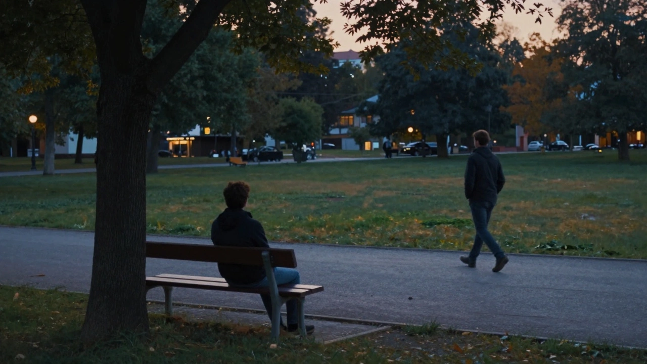 Kartal'da bir parkta biri bankta otururken, diğerisi uzakta yürüyor.